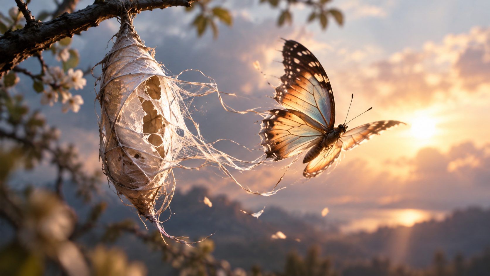 A butterfly with delicate golden wings flies free from a torn, unraveling cocoon against a glowing sunset sky, symbolizing rebirth, healing, courage, and freedom.