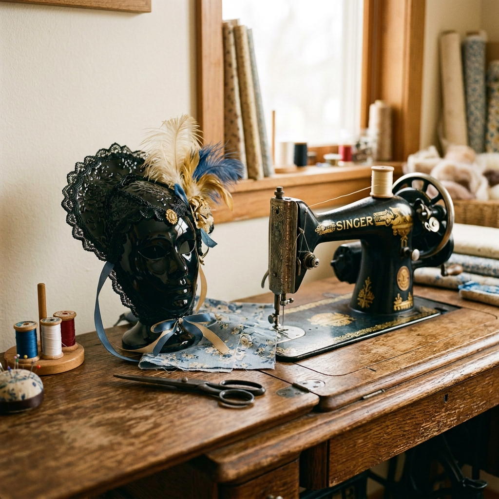 Venetian mask with feathers next to vintage Singer sewing machine on wooden table